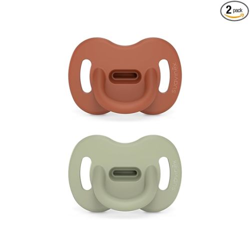 Color Essence SX PRO Silicone Baby Pacifier 2Pk, Made with 100% Soft Silicone, Baby Essentials Perfect for Breastfeeding Babies, Designed in Spain, 6-18 Mths, Orange/Green