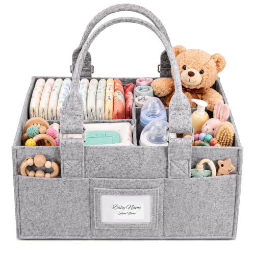 Diaper Caddy Organizer, Newborn Essetials Must Haves, Baby Registry Search and Other Baby Stuff, Collapsible Baby Basket with Handle and a Photo Frame, Grey, 11.8 x 6.3 x 9.0 inch