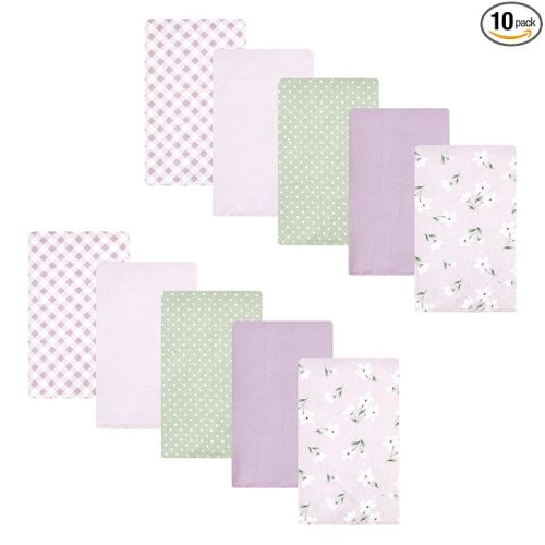 Hudson Baby Unisex Baby Cotton Flannel Burp Cloths, Purple Dainty Floral 10 Pack, One Size