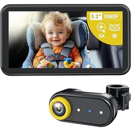 BM2A Baby Car Camera, Night Vision & 5.2" 1080P Display for Rear-Facing Car Seats, Easy No-Damage Install, Patented Anti-Shake Mount – Ideal for Parents and Pet Owners
