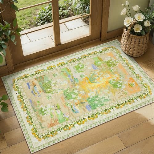 2x3 Washable Impressionist Floral Small Area Rug for Entryway,Beige