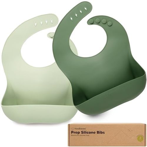 KeaBabies 2-Pack Silicone Bibs for Babies, Toddlers Girl, Boy – Sturdy Food-Grade Baby Bibs for Eating, Large Food Catcher, Clean & Put On Easily, Waterproof Toddler Feeding Essentials (Sage)