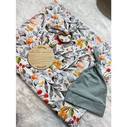 Bowtism Boho Swaddle Set with Wooden Birth Plate, Hat & Headband