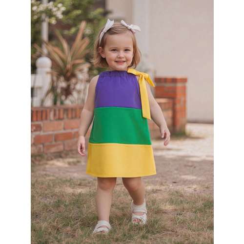Baby Girl Mardi Gras Dress Sleeveless Tie Knot Contrast Color A-Line Dress Toddler Casual Dress | SHEIN USA