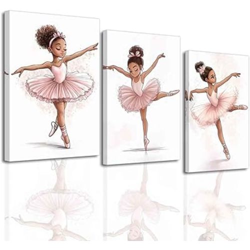 BJYCHG Black Ballerina Wall Art Pink Nursery Pictures Set of 3 Black Girl Posters African American Canvas Prints Ballet Dancer Paintings for Girls Bedroom Room Decor (12x16inx3 Pieces)