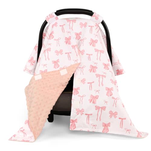 TANOFAR Car Seat Cover Baby Girl, Peekaboo Opening Baby Carseat Covers Girl Boy, Pink Winter Carseat Cover for Infant, Multi-Purpose for Stroller, Nursing Cover, Minky Blanket (Bow)