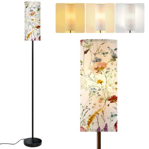Modern Standing Floor Lamp Wildflower Watercolor Seamless Pattern Garden Flowers Floral Boho Dimmable Metal Pole Lamp with Linen Lampshade for Living Room LED Bulb Included