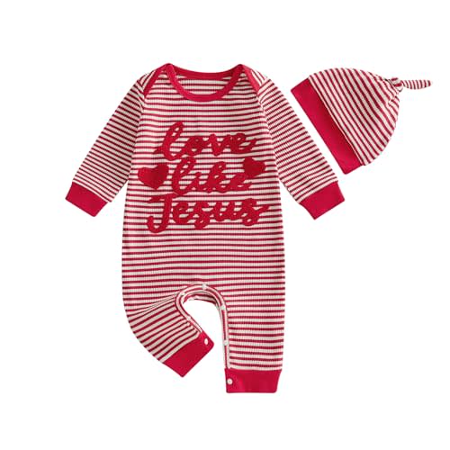 ZAXARRA Newborn Boy Stripe Romper Letter Embroidery Round Neck Jumpsuit with Hat