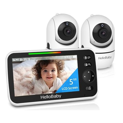 HelloBaby Upgrade 5’’ Baby Monitor with 30-Hour Battery, 2 Cameras Pan-Tilt-Zoom, 1000ft Range Video Audio Baby Monitor No WiFi, VOX, Night Vision, 2-Way Talk, 8 Lullabies and Temperature