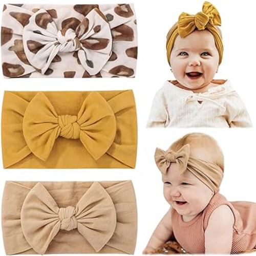 jollybows 3PCS Baby Nylon Headbands Hairbands Hair Bow Elastics for Baby Girls Newborn Infant Toddlers Kids (6-Khaki+Mustard+Leopard, 1 Count (Pack of 3))
