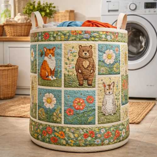 Quilted Laundry Basket, Floral Animal Print Hamper, Fox Bear Bunny Design, Fabric Storage Bin, Perfect Gift for Kids, Home Decor