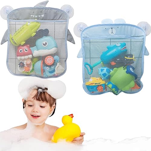 2 Pack Mesh Bath Toy Organizer, Cute Shark & Bear Bath Toy Storage Net Bathtub Toy Organizer, Perfect Bathroom Hanging Storage Bag Quick Dry Bath Toy Holder Bag with 8 Strong Hooks (Set A)
