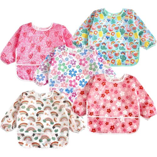 PandaEar 5 Pack Baby Long Sleeve Bibs| Waterproof Full Sleeve Bib for Baby Infant Toddler 6-36 Months (Pink)