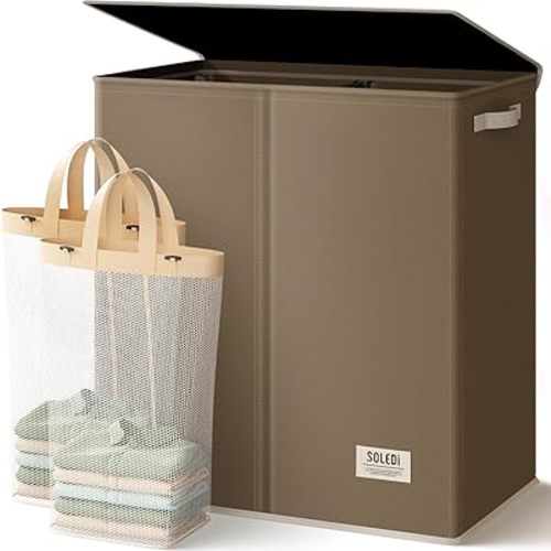 SOLEDI Large Double Laundry Hamper with Lid, Collapsible Clothes Hamper 2 section with Removable Bags, Space-Saving Laundry Basket for Bedroom, Dorm, College
