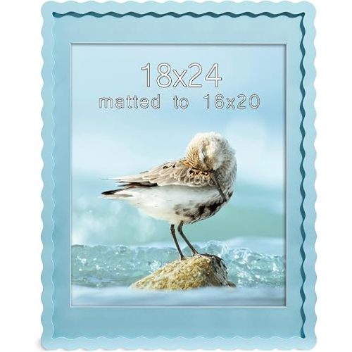 18x24 Blue Picture Frame with Mat for 16x20, Curved Wavy Edge Deco Wooden HD Plexi-Glass, Vertical or Horizontal Display Photo Gallery Wall Poster Frame
