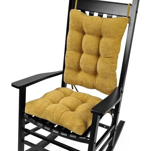 Rocking Chair Cushion for Elderly Sitting, Back Pillow & Seat Cushion with Ties, Luxury Chenille Fabric Non-Slip Chair Pad for Rocker, Yellow, 21.6x17x2/ 17x17x3
