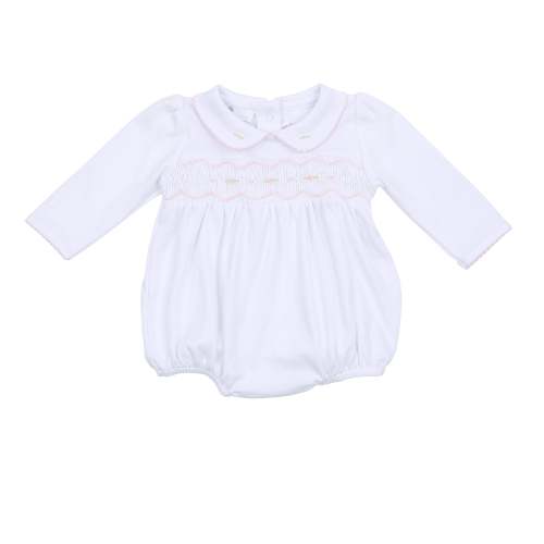 Ava & Archie White with Pink Smocked Collared Long Sleeve Bubble