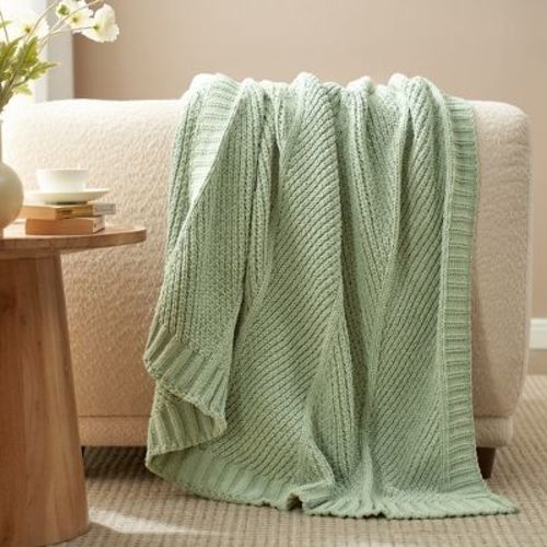 Chenille Chunky Knit Chevron Throw Blanket, 50"x 60", Sage Green-Amelie Home