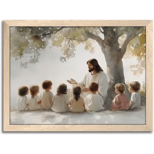 Jesus With Children Wall Art, Christian Jesus Teaching Kids Wall Decor Paintings, Religious Bible Canvas Print Pictures for Nursery Kids Room Prayer Room Home Decor Wood Framed 8x10 Inch
