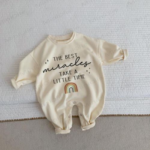 THE BEST MIRACLES TAKE A LITTLE TIME Baby Beige Romper
