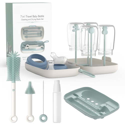 Bottle Brush Set - Baby Bottle Cleaning Set with Silicone Brush, Nipple Brush, Straw Brush, Soap Dispenser, Drying Rack - 7 in 1 Bottle Cleaning Tool for Home and Travel Use