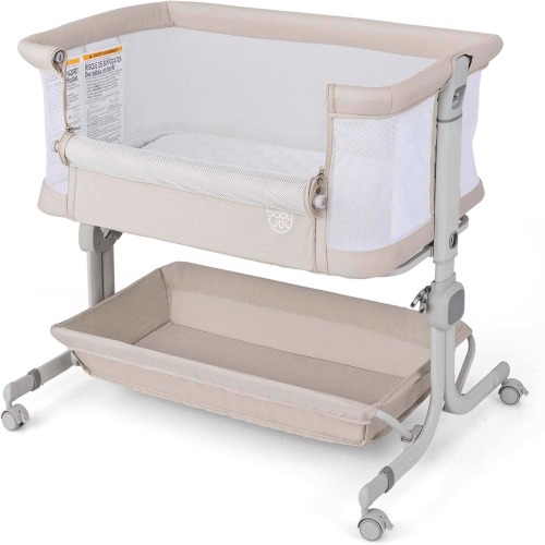 Bedside Crib w/ Adjustable Height Bassinet w/ Storage Shelf & Wheels - Beige