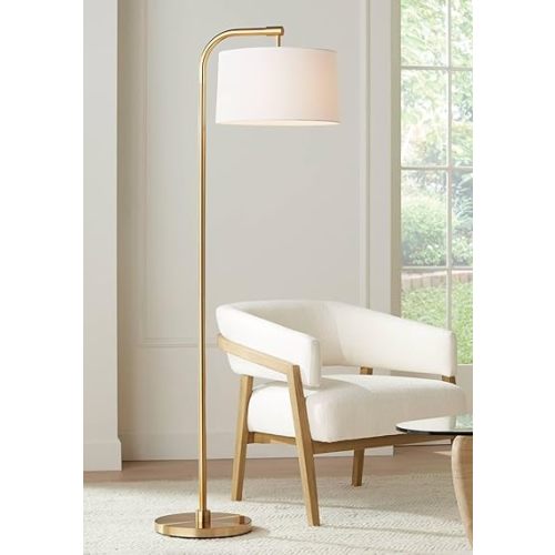 360 Lighting Serra Modern Art Deco Arc Floor Lamp Standing 64" Tall Warm Gold Metal White Linen Blend Fabric Tapered Drum Shade for Living Room Reading Family Bedroom Office House Home