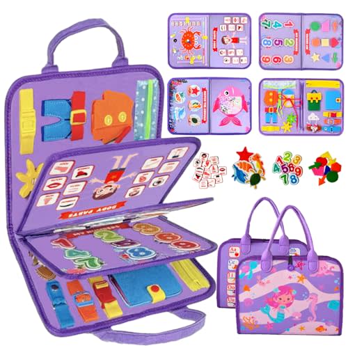 Qizfun Montessori Busy Board Book for Toddlers, Mermaid Sensory Learning Toy for Girls, Educational Fine Motor Skills Toy, Travel Busy Board for Car & Airplane