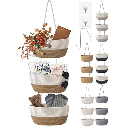 3 Tier Wall Mounted Woven Hanging Basket, Over the Door Hanging Basket with Hooks, Decorative Storage Hanging Closet Removable, Large Wall Basket for Living Room, Bedroom (White & Brown)