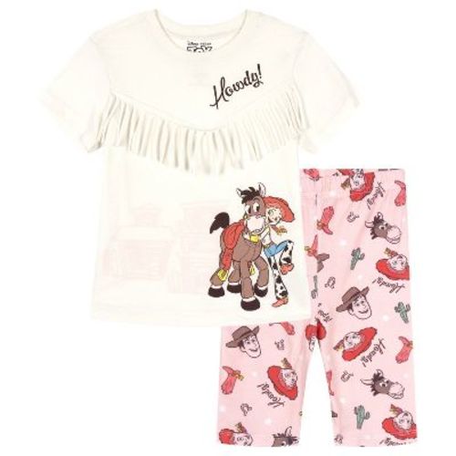 Disney Toy Story Toddler Girls' 2-Piece Graphic T-Shirt and Allover Print Bike Shorts Set Ivory Pink Jessie 4T