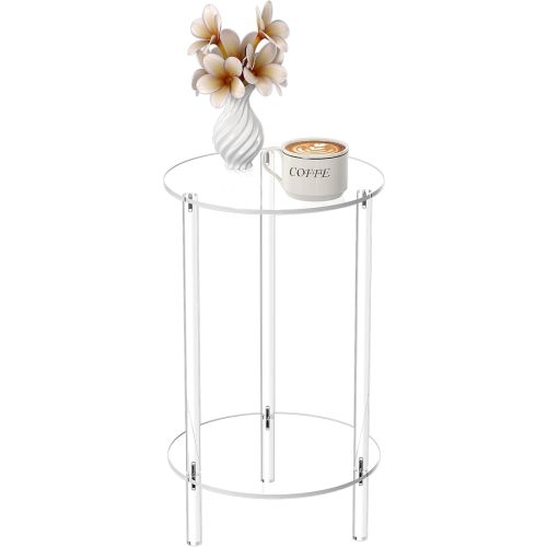 HMYHUM Acrylic Round Side Table for Small Spaces, 11.8" L x 11.8" W x 20.2" H, Small Nightstand/Bedside/End Table for Living Room, Bedroom, 2-Tier, Clear
