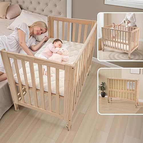 Folding Wood Bedside Bassinet - Portable 4-in-1 Baby Bassinet with Breathable Mattress,3 Heights Baby Crib with Wheels,Mini Crib for Infant Newborn and Small Space,Unpainted