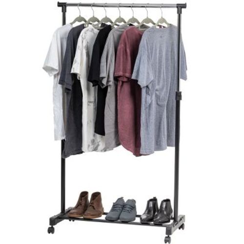 IRIS Portable Single-Rod Height Adjustable Clothes Rack with Lockable Wheels, Rolling Garment