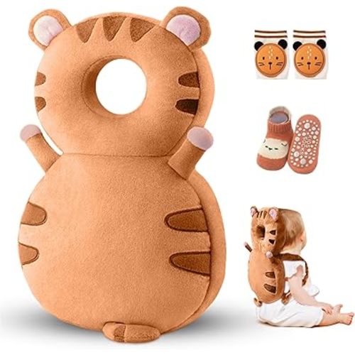 Baby Head Protector Backpack – Toddler Safety Cushion for Crawling & Walking – Infant Fall Protection Pillow with Adjustable Straps – Comes with Knee Pads & Non-Slip Baby Socks (Tiger)