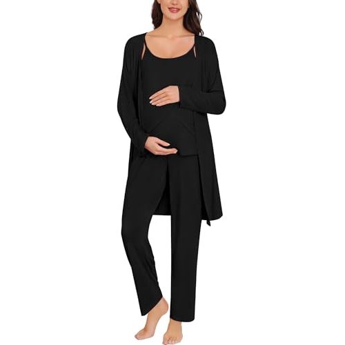 SWOMOG Maternity Pajamas Set 3 PCS Nusing Pajamas Labor and Delivery Gown & Camisole & Pants Postpartum Pjs