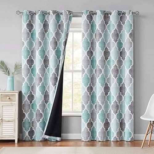 Beauoop 100% Blackout Curtains 84 Inches Long 2 Panels for Bedroom Living Room Aqua Grey Moroccan Geo Room Darkening Thermal Insulated Soundproof Grommet Top Window Treatments Drapes, 50x84 Set of 2