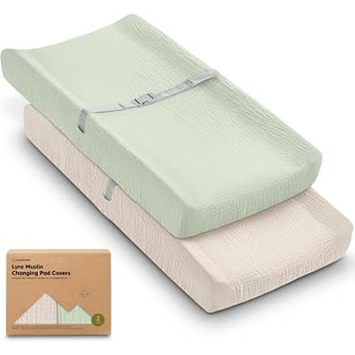 2-Pack Muslin Diaper Changing Pad Covers Boy, Girl – Soft Breathable Muslin Cotton Changing Table Cover, Organic Baby Changing Pad Sheets, Contoured Change Pads Liners Washable 34 x 18 (Sage)