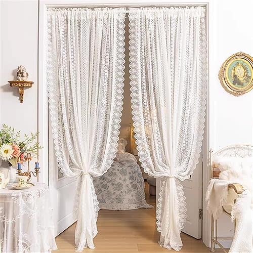 Romantic White Lace Sheer Curtains for Living Room Bedroom Elegant Hollow Floral Lace Light-Filtering Tulle Drapes for Window Rod Pocket Top 2 Panels (W63 L59 inch,White)