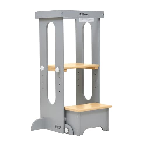 Little Partners Foldable Toddler Tower, Learning Tower Explore 'N Store Montessori Standing Kitchen Tower with Folding Step Stool Platform for Cooking and Learning, Ages 2+ (Silver Drop W/Natural)
