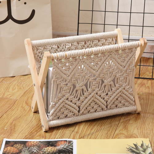 Boho Foldable Cotton Rope and Wood Magazine Holder Storage Basket for Books Records White