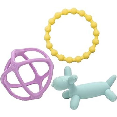 WeeSprout Silicone Baby Teether Toys for Infant Babies and Toddlers, Cute Ring, Puppy Dog, and Ball, Soft and Flexible, BPA Free, Boys and Girls (Pastel Mint, Purple & Yellow)
