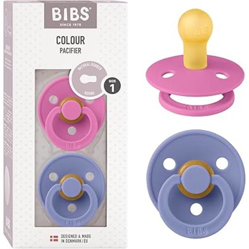 BIBS Pacifiers Colour Collection | Natural Rubber Baby Pacifier | Set of 2 BPA-Free Soothers | Made in Denmark | 0+ Months (Pack of 2) | Bubblegum/Peri