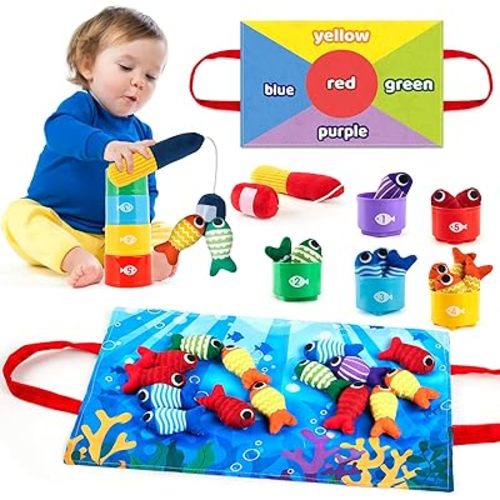 Toddler Montessori Toys for 1-3 Year Old Boy Girl, 23 Pcs Cloth Fishing Game Set with Double-Sided Mat, Learning Toys for Number & Color Sorting, Birthday Gifts for Babies & Toddlers