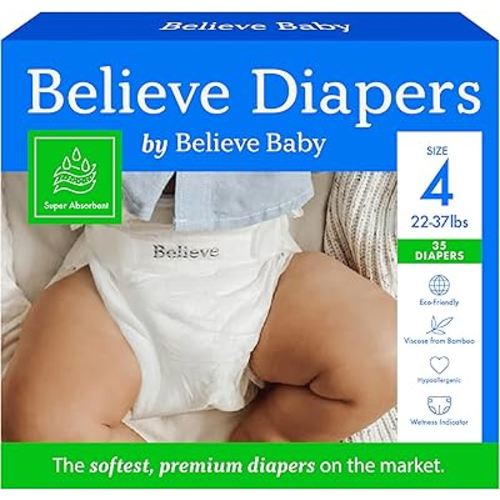 Believe Diapers Size 4 (22-37 Lbs) Viscose Bamboo Diapers 35 Count – Natural Baby Diaper, Chemical Free and Fragrance Free Natural Diaper for Sensitive Skin, Super Absorbent with Leak Protection