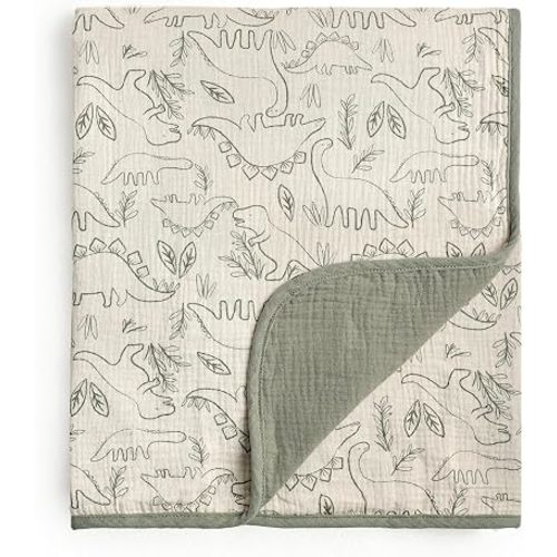 CREVENT 40''X40'' 100% Organic Cotton Muslin Baby Blanket for Newborns, Essential for Baby Shower Birthday Gift - Dinosaur 100X100cm
