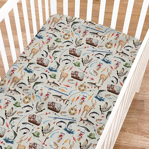 Vintage Hunting Fishing Baby Crib Sheets, 52"x28" Fishing Hunting Deer Ducks Crib Mattress Covers, Soft Breathable Animal Print, Green, Crib Size
