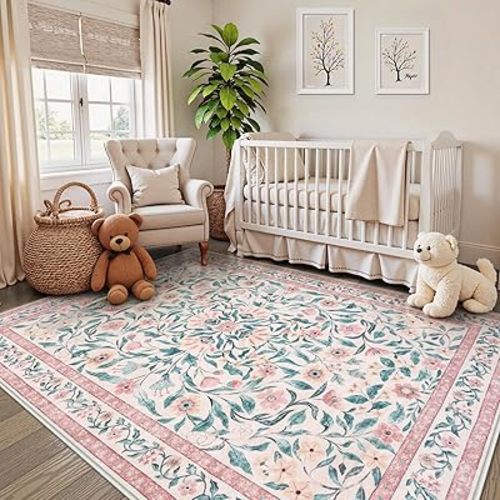 Collive Pink 5x7 Floral Area Rug, Machine Washable Rug for Bedroom Girls, Boho Non Slip Soft Ultra Thin Throw Indoor Rugs for Living Room Nursery Kids Playroom Dining Dorm