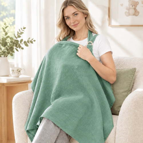 Crinkled Cotton Nursing Cover, Double Layer Breathable Breastfeeding Apron with Adjustable Neck Strap, Multi-Functional Baby Stroller Shade & Car Seat Cover, Dark Green 1 Pack