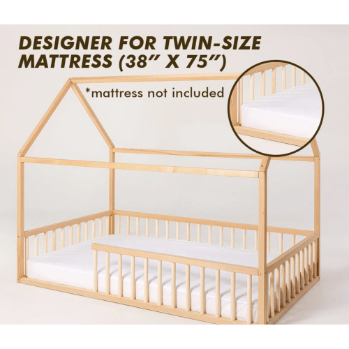 Twin Size Montessori House Bed For Kids With Fence