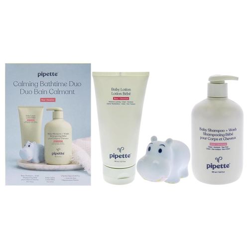 Pipette Calming Bathtime Duo - Wash Tear-Free and Moisturize Set with Renewable Plant-Derived Squalane, Rose + Geranium Aroma, 3-Piece Set